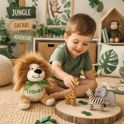Child playing with toy animals in a room decorated with jungle-themed decor.