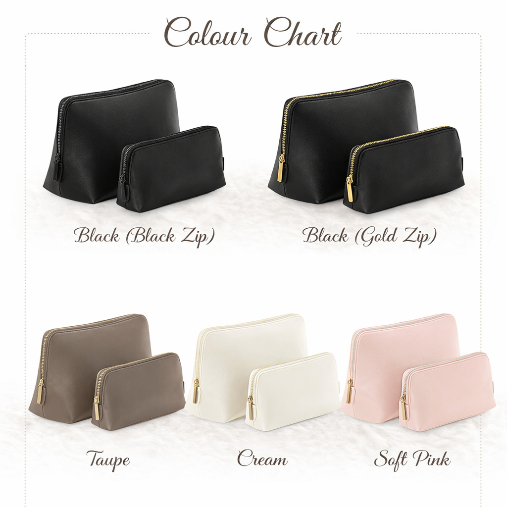 Color chart displaying black, gold-zipper black, taupe, cream, and soft pink bags.