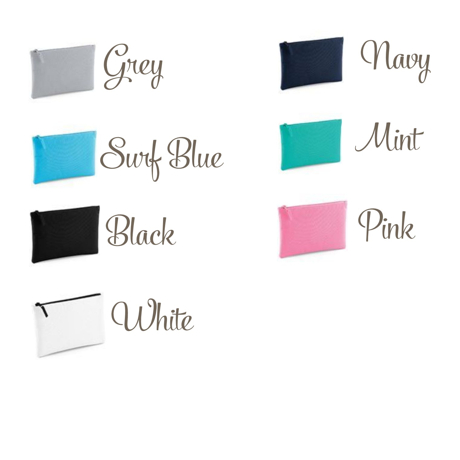 Set of pouches in various colors with labels on a white background