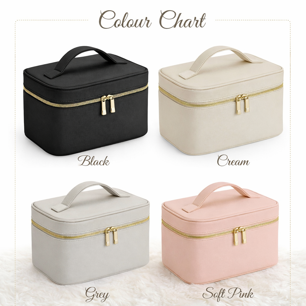 Color chart with black, cream, gray, and soft pink cosmetic bags.