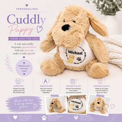 Personalised cuddly puppy toy with customizable name on a white background