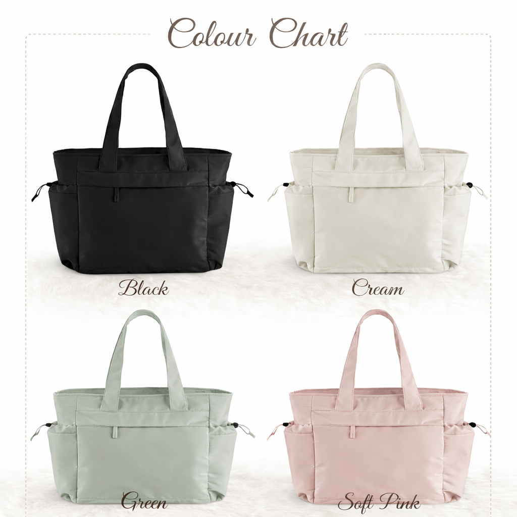 Color chart showing black, cream, green, and soft pink bags on a white background.