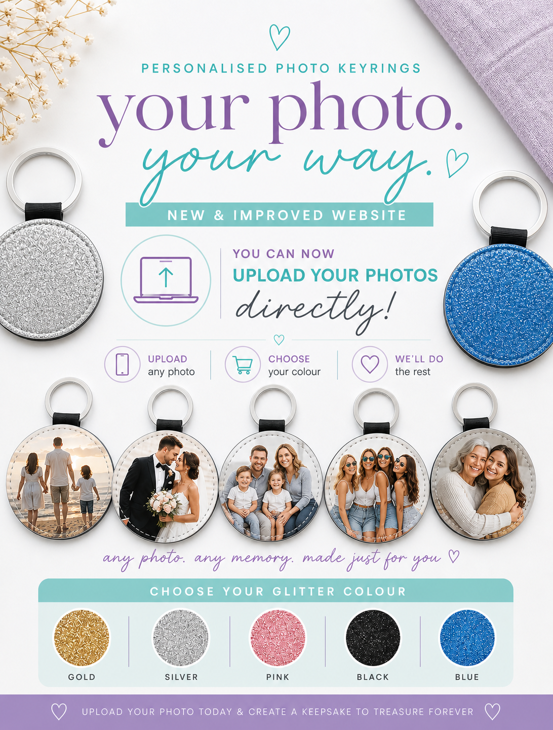 Personalised photo keyrings with glitter options on a white background