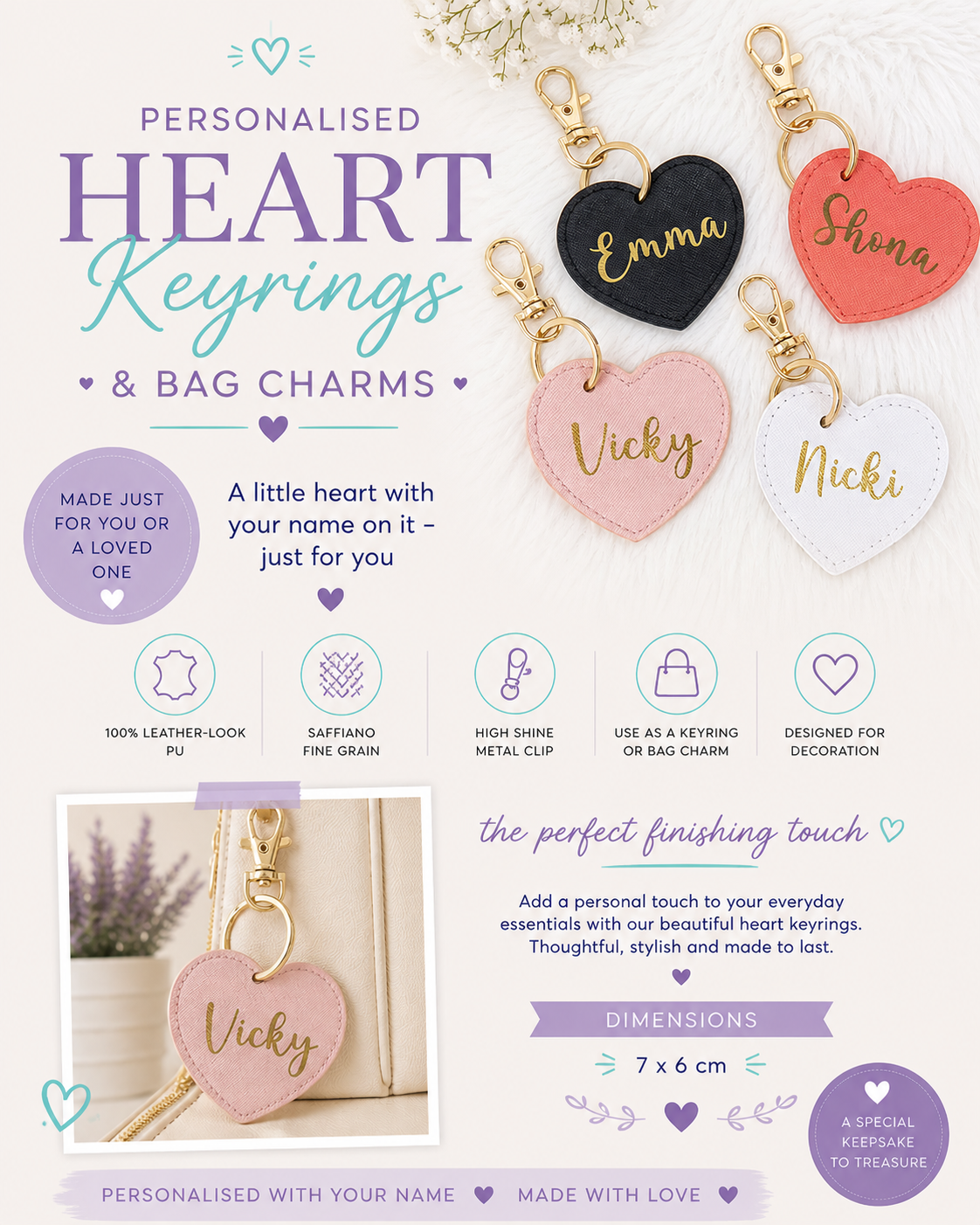 Personalised heart keyrings and bag charms with names engraved on them, displayed against a white background.