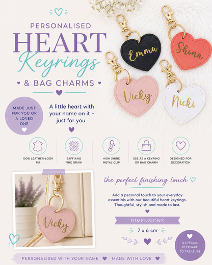 Personalised heart keyrings and bag charms with names engraved on them, displayed against a white background.