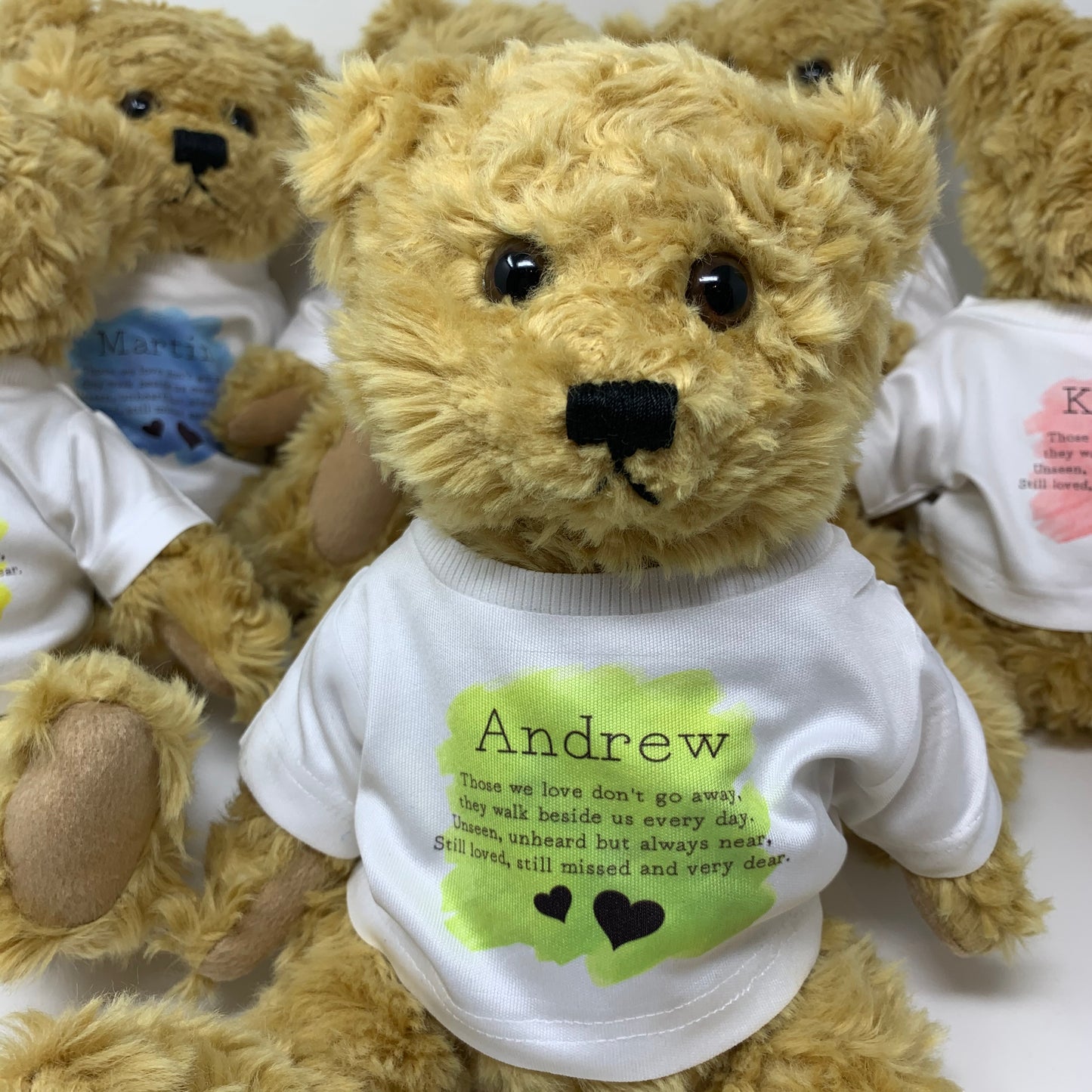 Teddy bear wearing a shirt with text and a small blue toy inside, on a white background