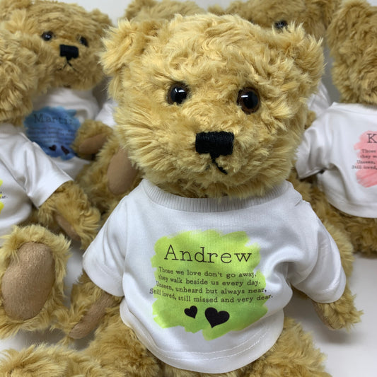 Teddy bear wearing a shirt with text and a small blue toy inside, on a white background