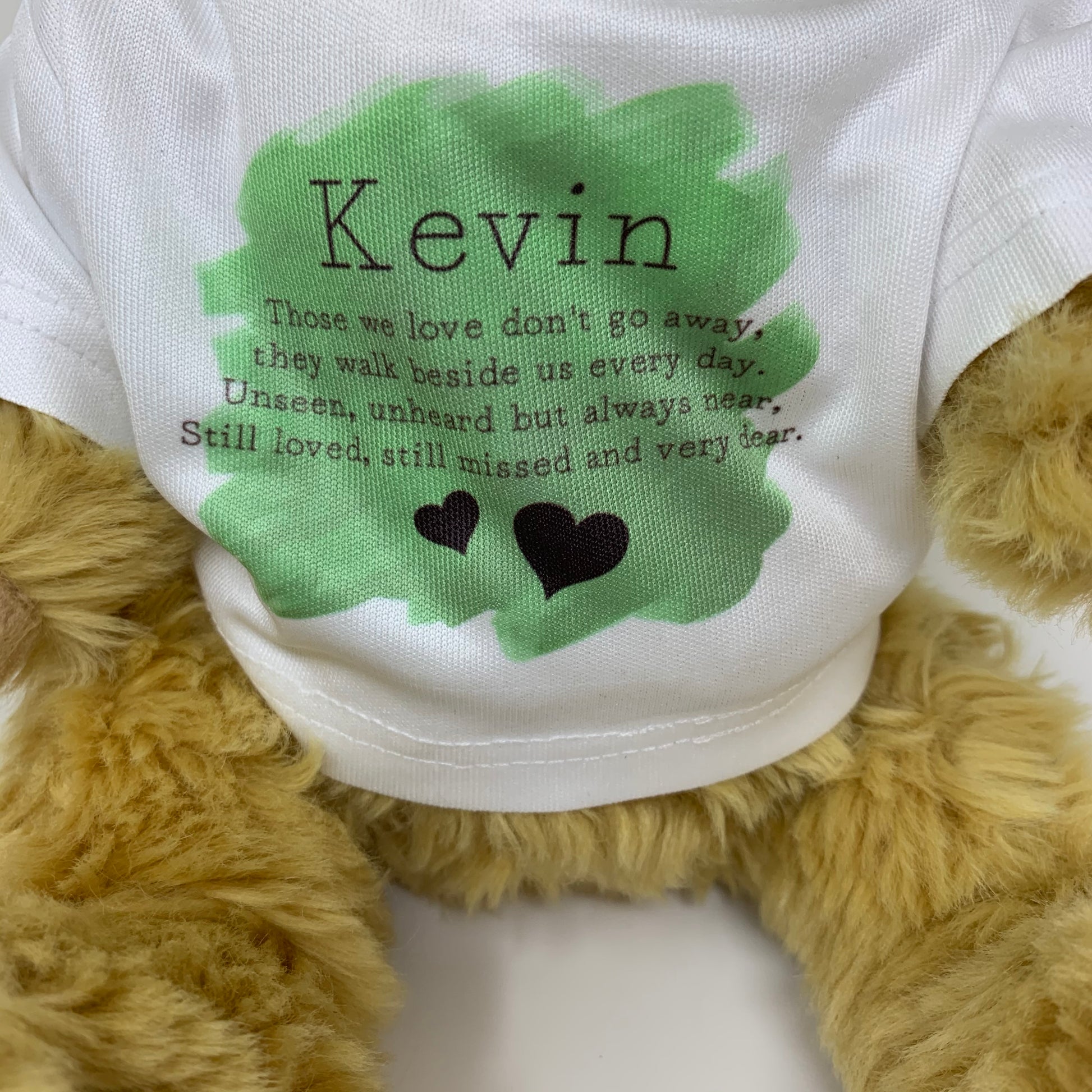 Plush teddy bear wearing a shirt with text and 'Kevin' printed on it.