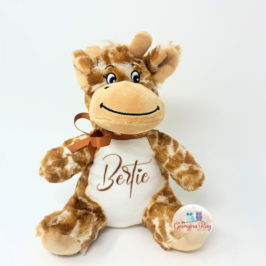 Plush giraffe toy with a white shirt displaying 'Bertie' on a white background