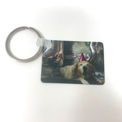 Keychain with a dog in a car on a white background