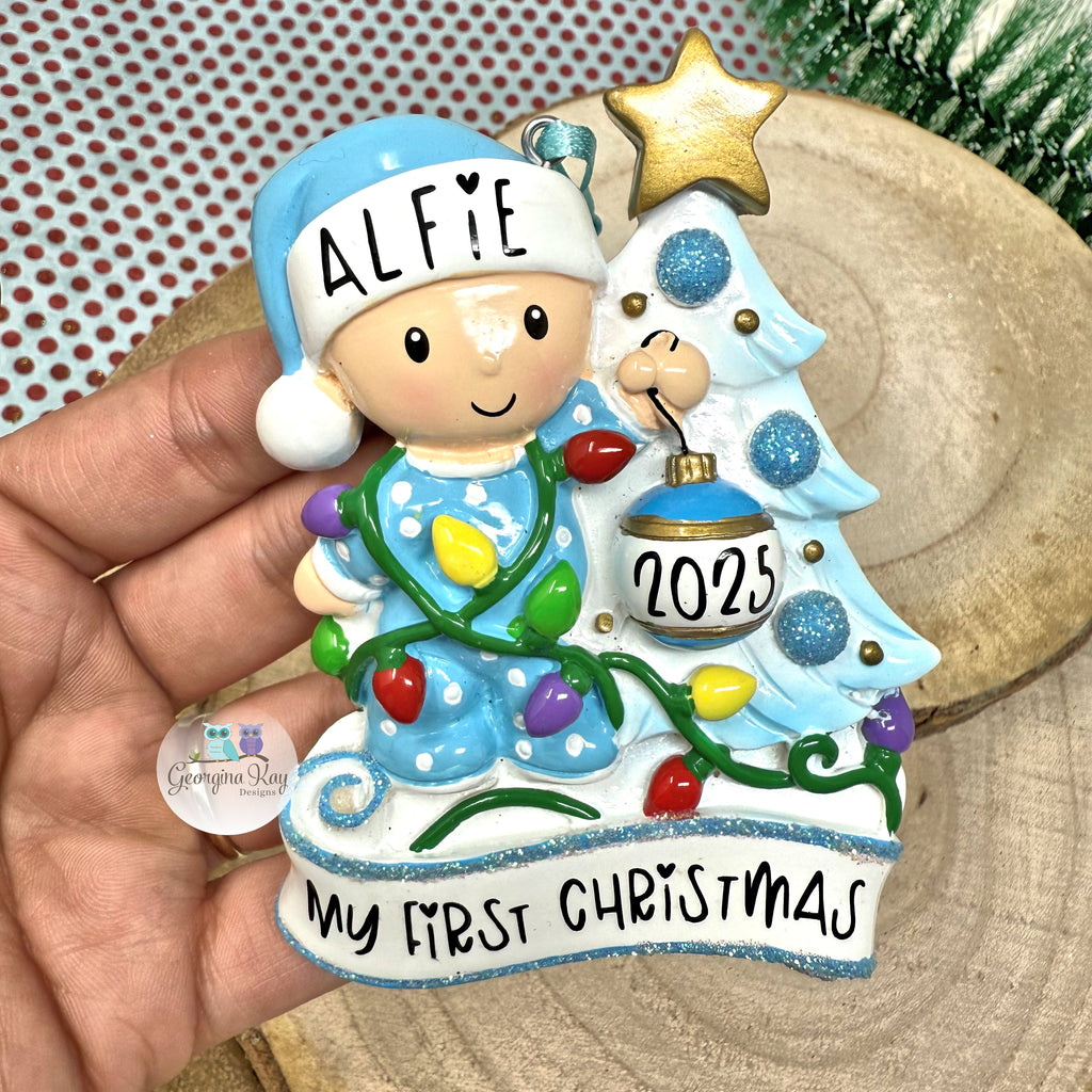 Blue Baby with Christmas Tree Ornament