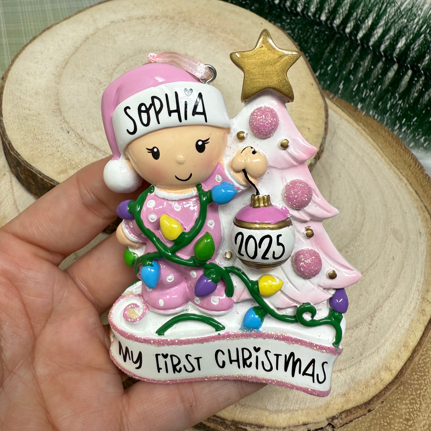 Pink Baby with Christmas Tree Ornament