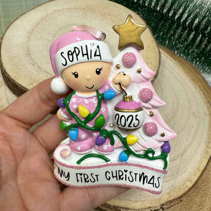 Pink Baby with Christmas Tree Ornament