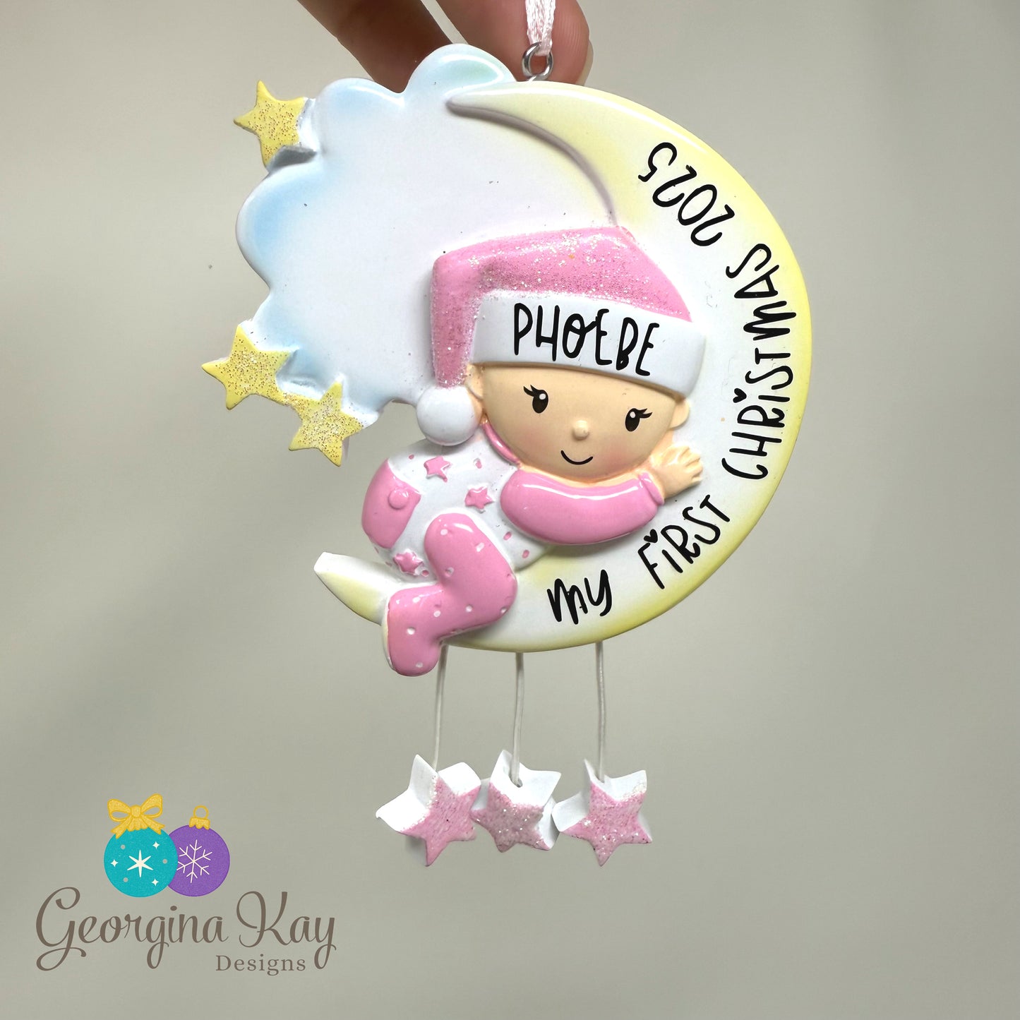 Pink Baby First Christmas on Moon Ornament