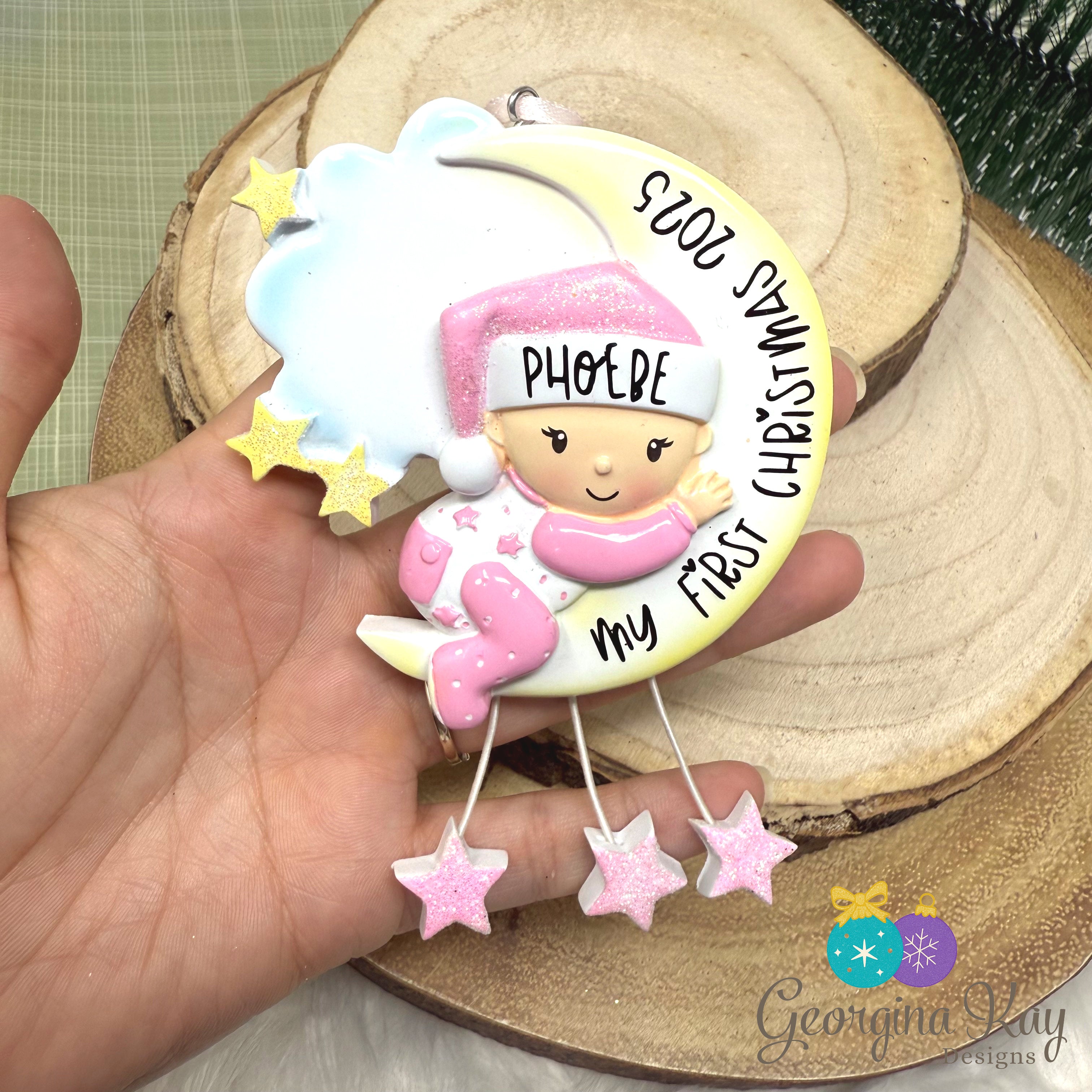 Pink Baby First Christmas on Moon Ornament