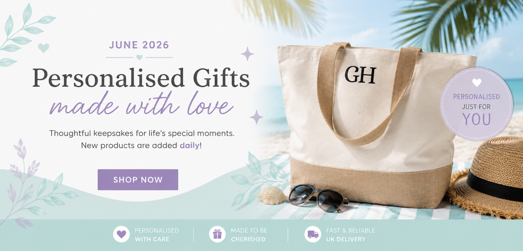Personalised tote bag with 'GH' initials on a promotional banner for June 2026 personalised gifts.