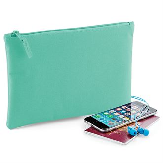 Teal pouch with smartphone, passport, and earbuds on a white background