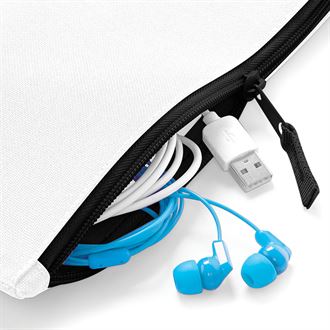 Blue earbuds with a USB cable and adapter inside a white pouch with a black zipper.