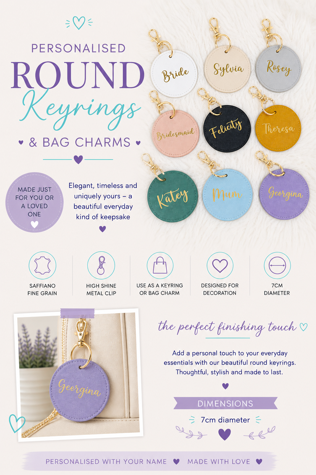 Personalised round keyrings and bag charms with names on, displayed against a white background.