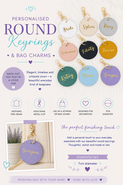 Personalised round keyrings and bag charms with names on, displayed against a white background.