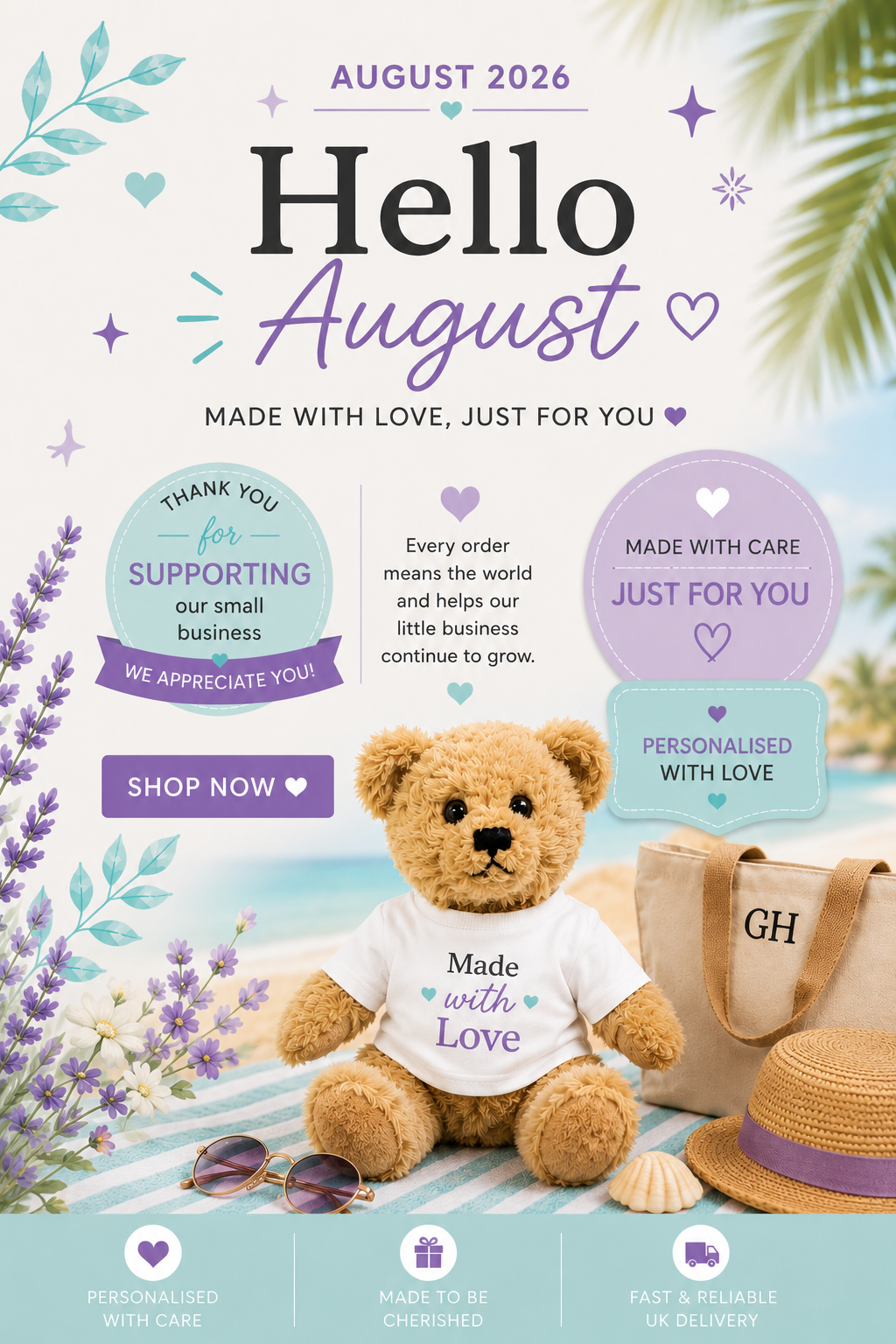 A promotional graphic for a personalized teddy bear gift set, featuring a brown teddy bear wearing a white t-shirt that says 'Made with Love', alongside a beige tote bag with 'GH' monogram, a straw hat, and sunglasses on a beach-themed background with lavender and palm leaves.