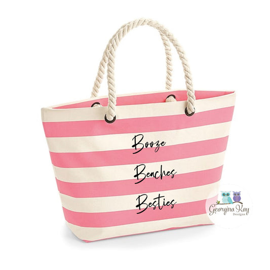 Booze, Beaches & Besties Stripe Beach Bag