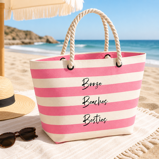 Booze, Beaches & Besties Stripe Beach Bag