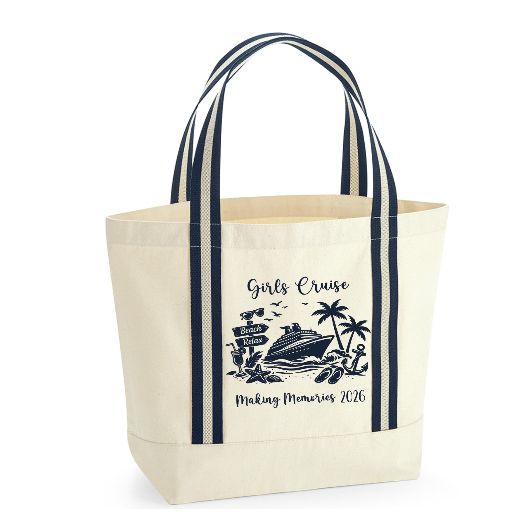 Beige tote bag with navy stripes and 'Girls Cruise' design on a white background