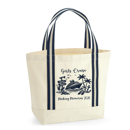 Beige tote bag with navy stripes and 'Girls Cruise' design on a white background