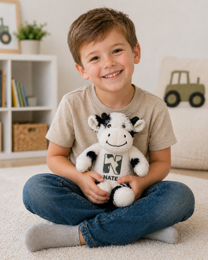 Child holding a stuffed cow toy in a cozy living room