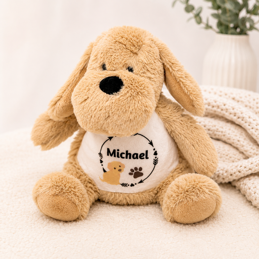 Plush dog toy with a shirt labeled 'Michael' on a light background