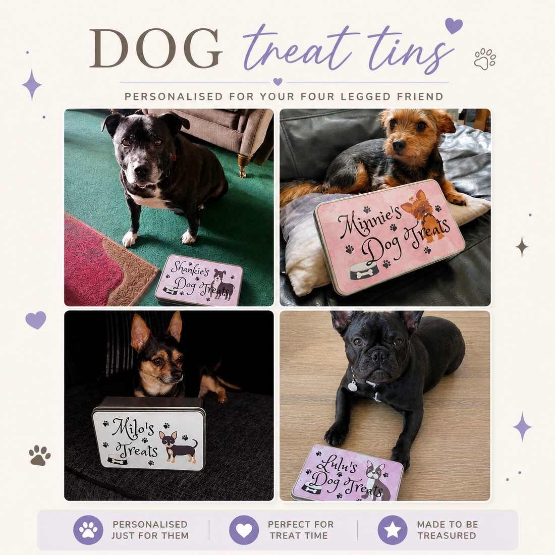 Collage of dogs with personalized 'Dog Treat Tins' on a white background.