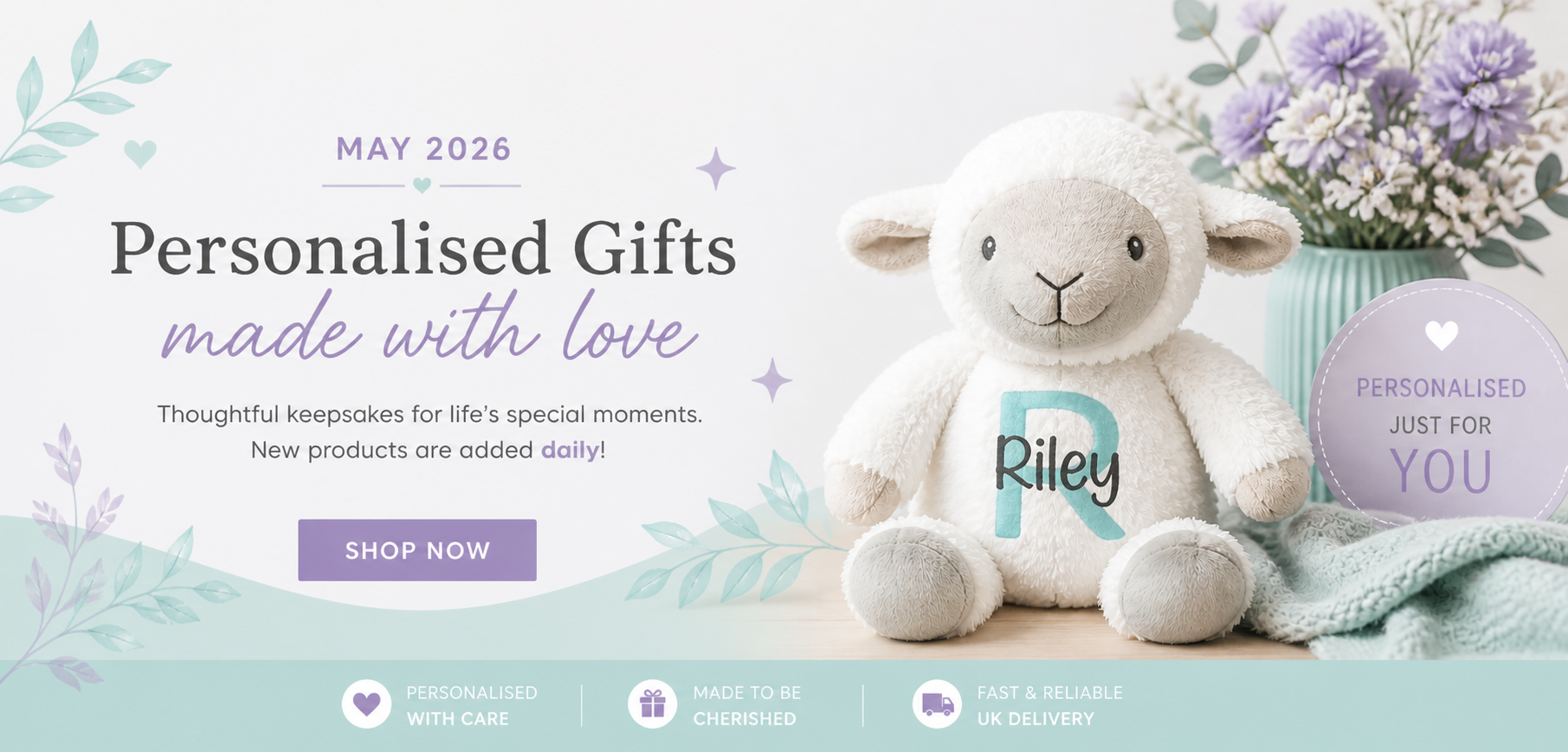 White teddy bear with a personalized name tag, surrounded by flowers and text about personalized gifts.