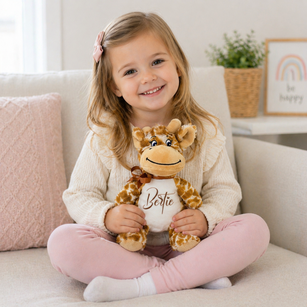 Child holding a stuffed giraffe toy named Bertie on a couch