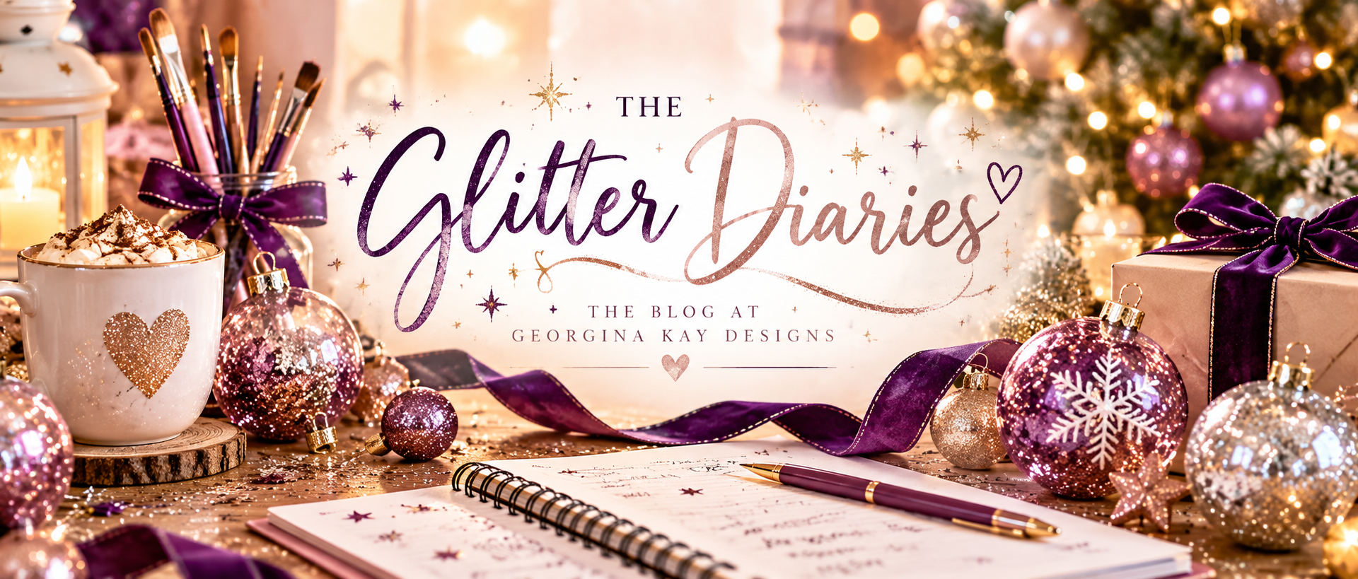 A festive holiday-themed promotional banner for 'The Glitter Diaries' blog by Georgia Kay Designs. The scene is decorated with purple and silver ornaments, a mug of hot chocolate with a gold heart, a notebook, and a pen on a decorated table with a Christmas tree in the background.