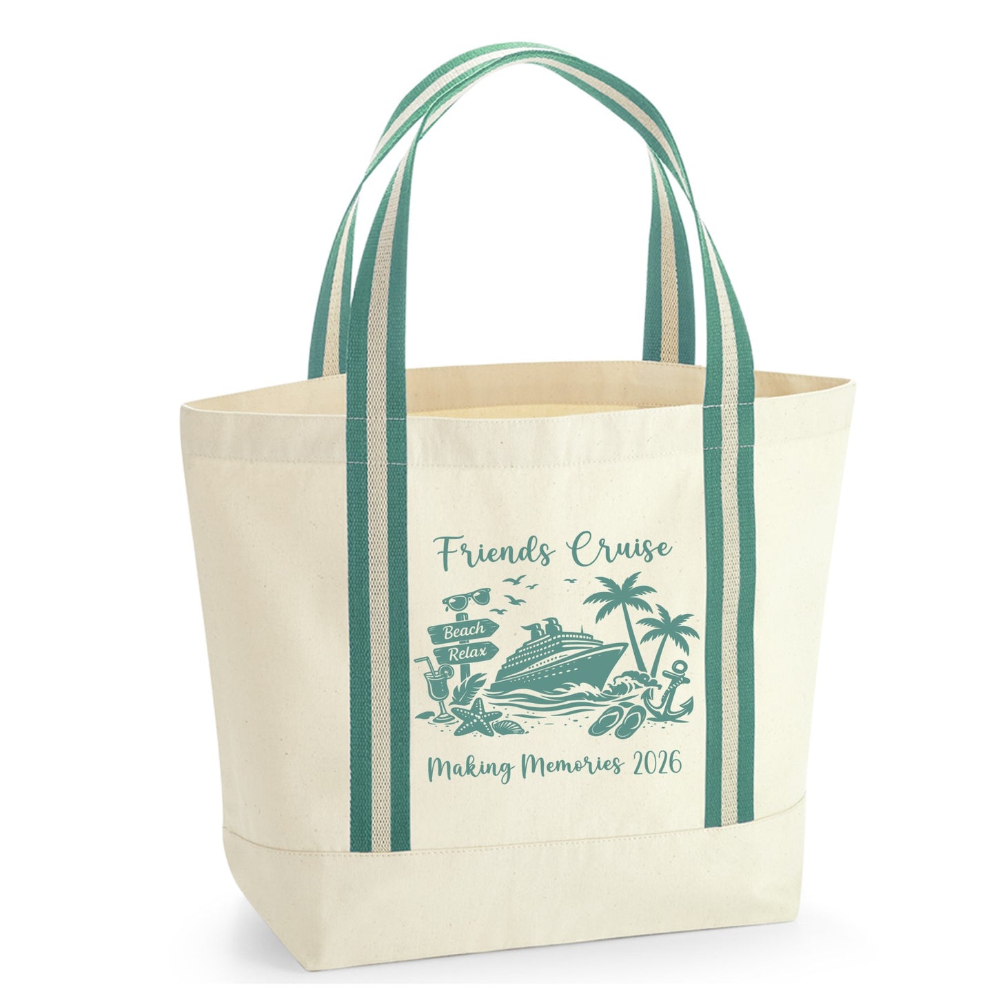 Beige tote bag with green striped handles and cruise-themed design on a white background