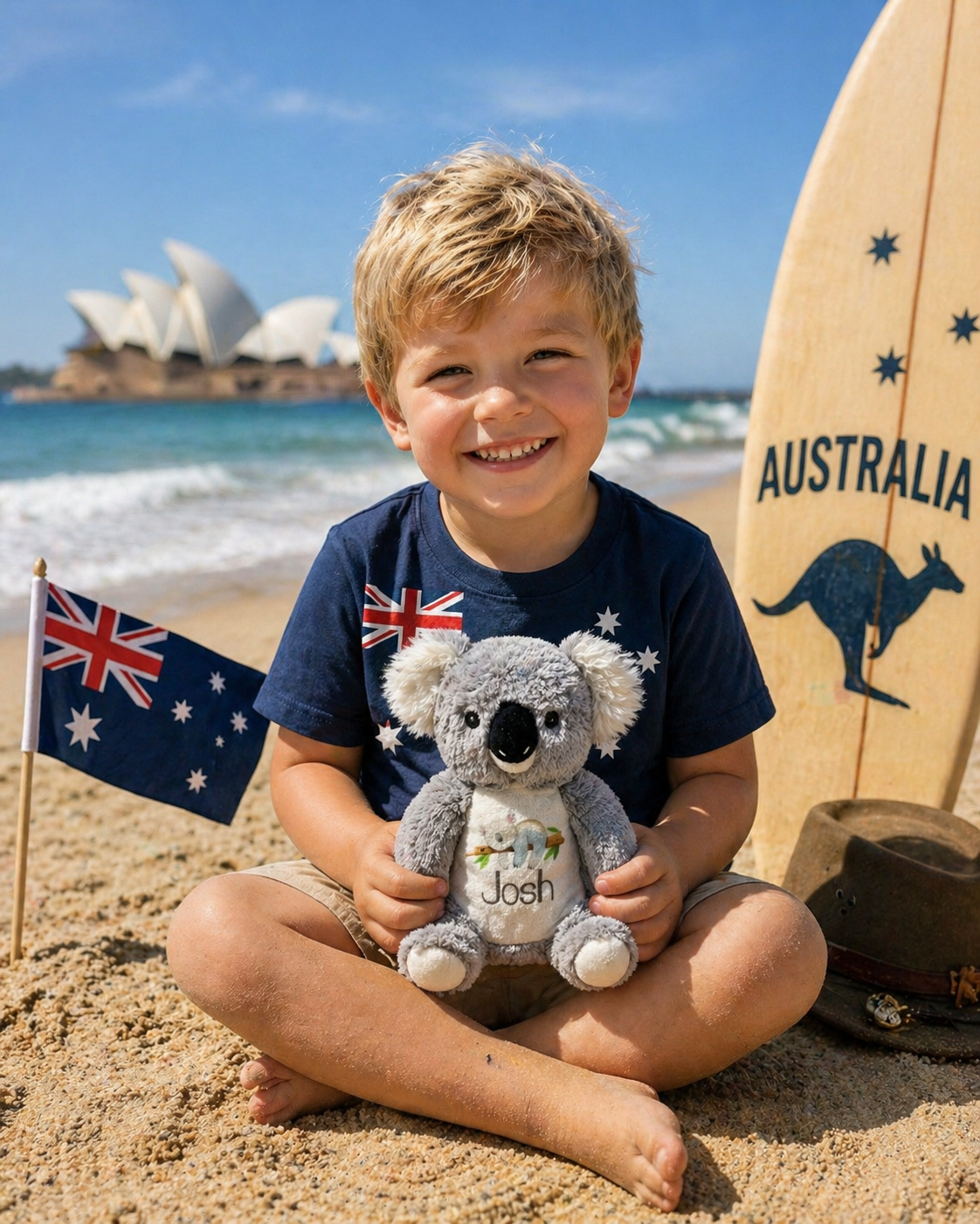 Child holding a koala toy on a beach with the Sydney Opera House in the background
