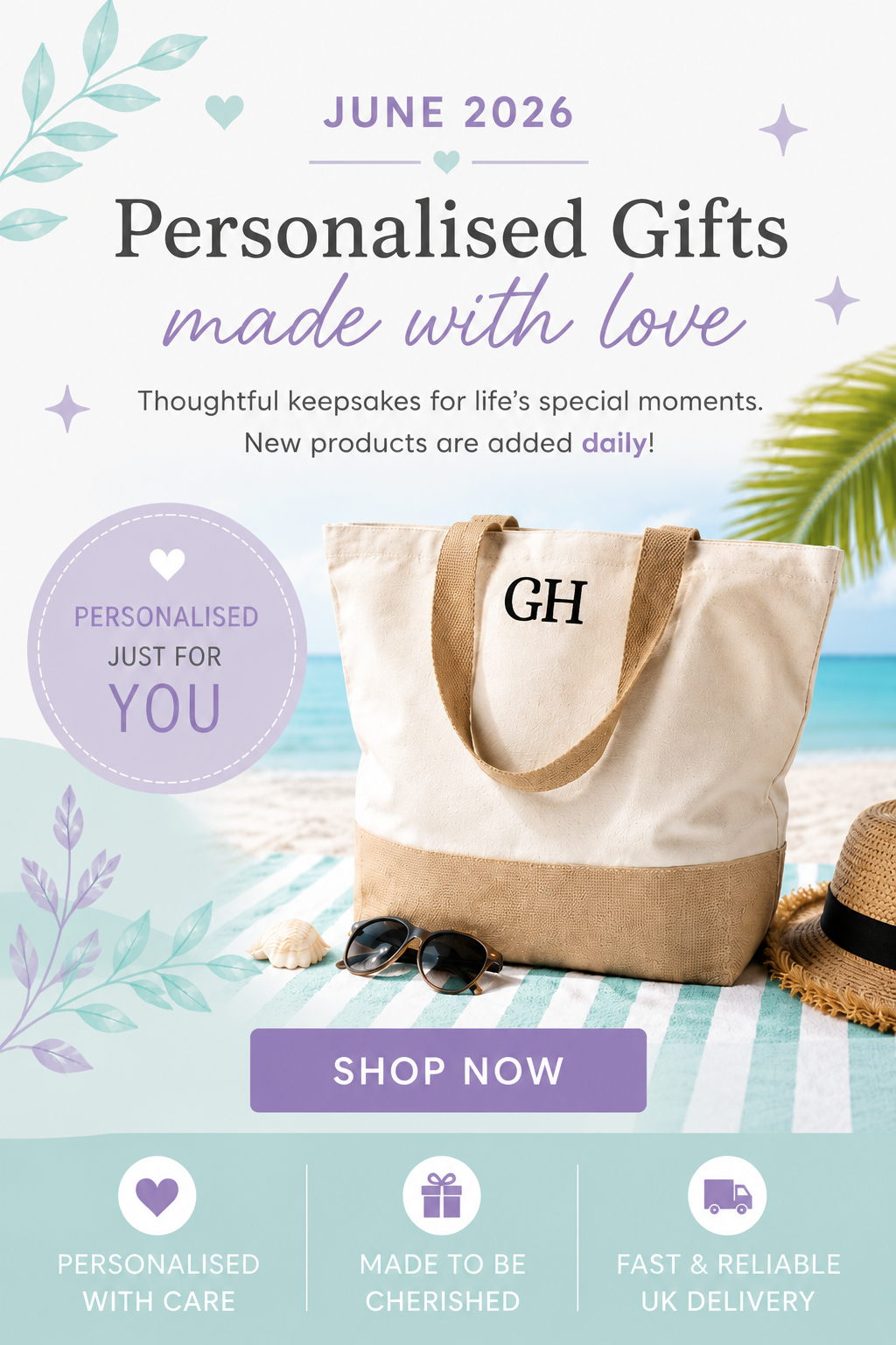 Promotional banner for personalised gifts with a tote bag, sunglasses, and straw hat on a beach setting.
