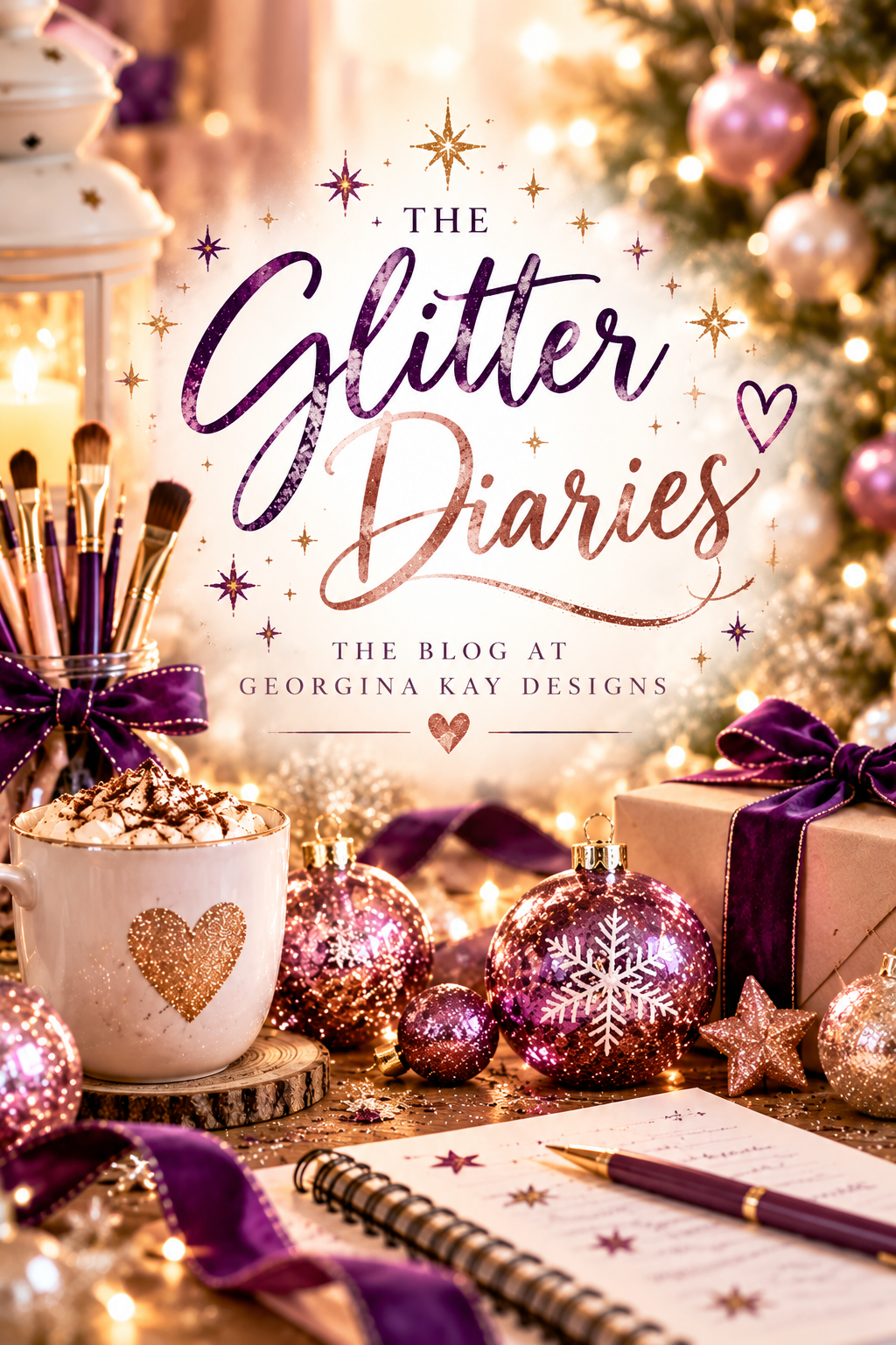 A festive holiday-themed promotional graphic for 'The Glitter Diaries' blog by Georgina Kay Designs. The text is written in elegant purple and rose gold glitter lettering, set against a warm, glowing Christmas tree background.