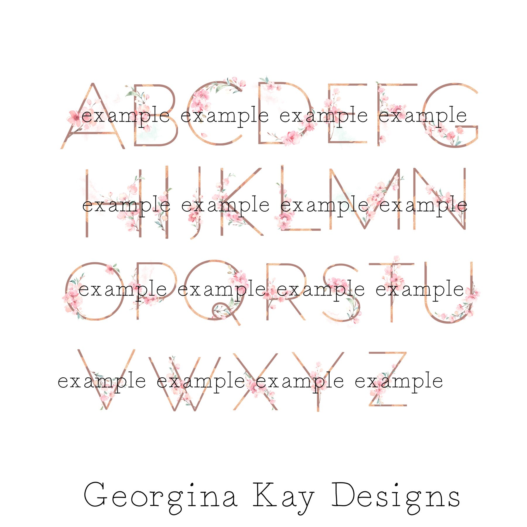 Alphabet letters with decorative flourishes and 'Georgina Kay Designs' branding on a white background