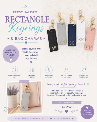 Personalised rectangle keyrings and bag charms with initials on a white background