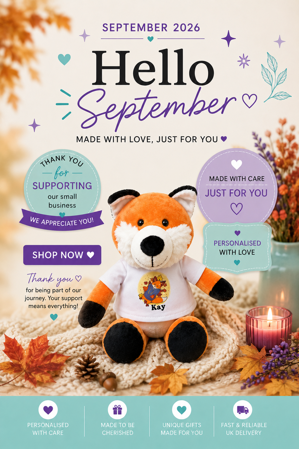 A plush fox toy wearing a white T-shirt with a colorful bear patch and the name 'Kay' printed on the front, posed on a knitted blanket with autumn leaves, a candle, and decorative text overlays reading 'Hello September' and promotional copy.