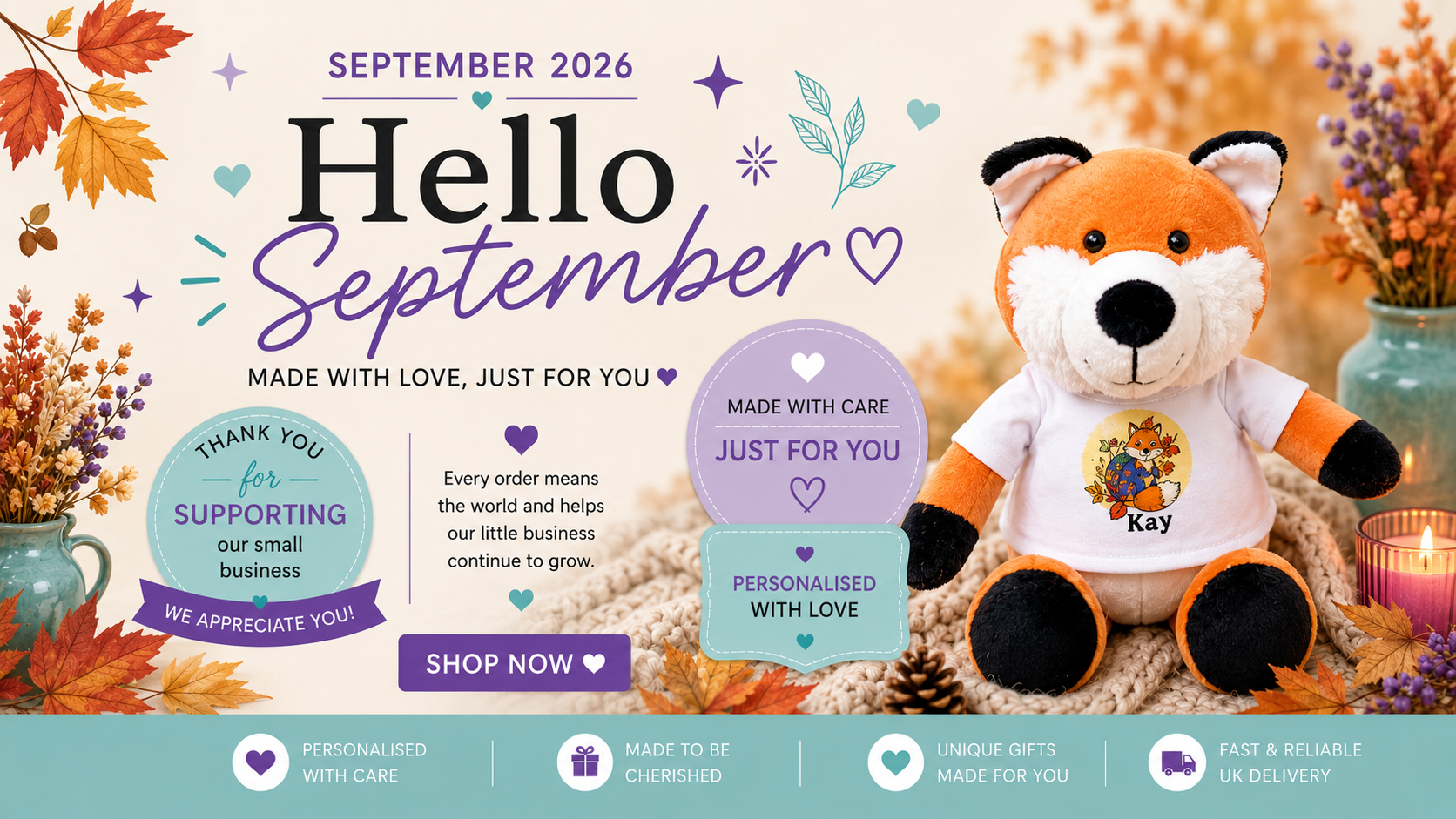 A promotional graphic for a custom plush toy fox named 'Kay', set against an autumn-themed background with fall leaves, flowers, and candles. The fox is wearing a white t-shirt with a colorful autumn harvest design.