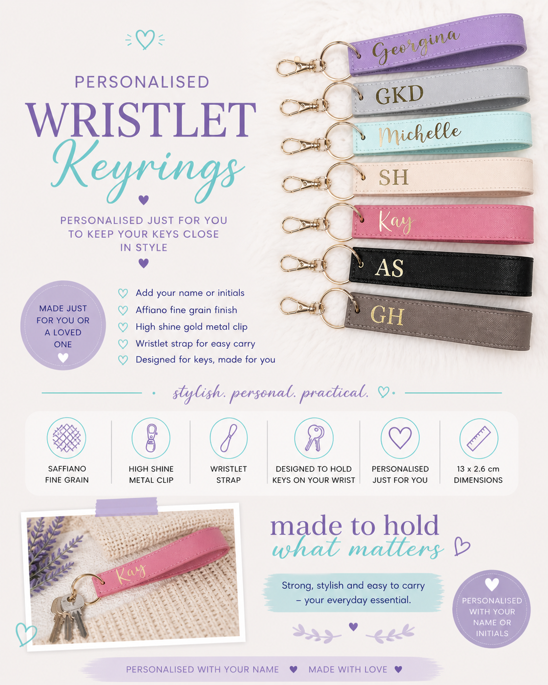 Personalised wristlet keyrings with names on a white background
