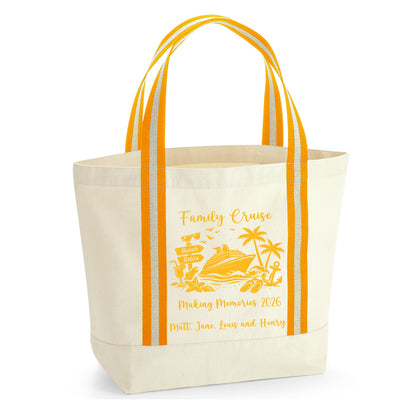 Beige tote bag with yellow handles and family cruise design on a white background